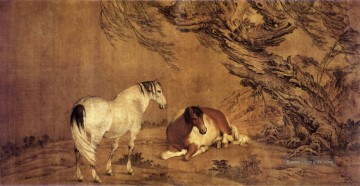  chat - Lang glänzt 2 Pferde unter Weidenschatten alte China Tinte Giuseppe Castiglione